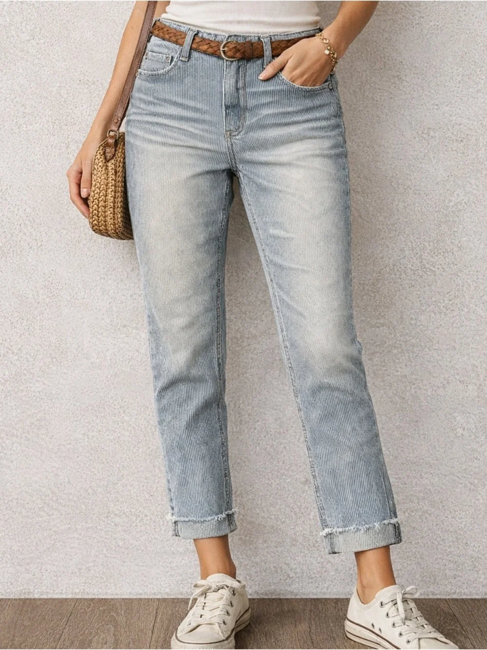 Vintage America Pinstripe Bestie Jeans Raw Hem Cropped Slim Straight Size 8/29